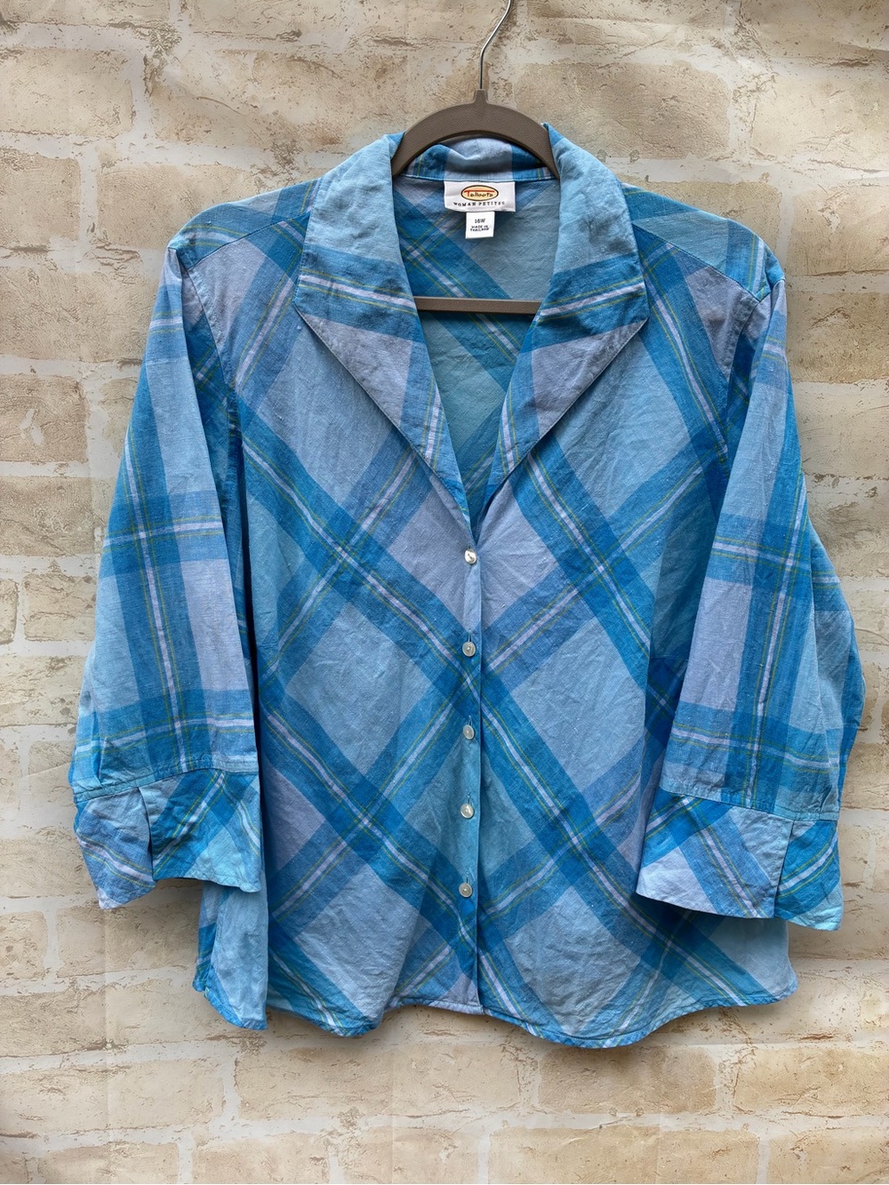 Vtg Talbots woman’s petite 16W Blue Plaid Collared linen Shirt